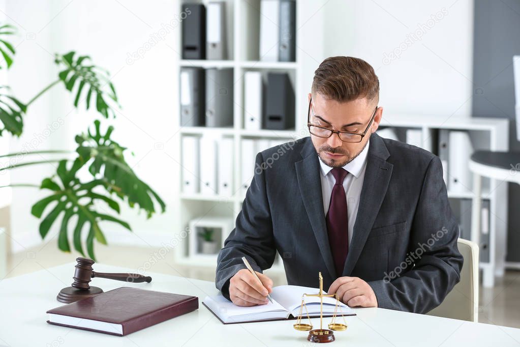 Handsome male lawyer working in office