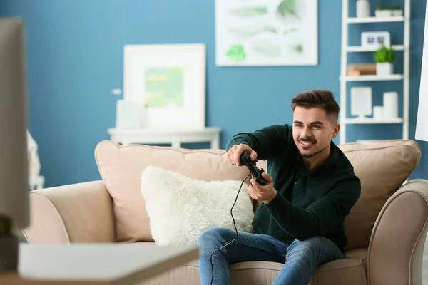 Young Man Playing Video Game Home — Stock Photo, Image