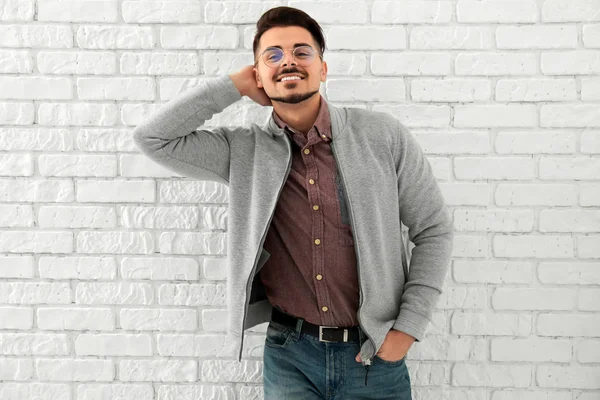 Stylish Handsome Man White Brick Wall — Stock Photo, Image