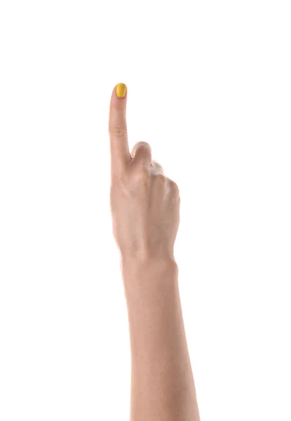 Жіноча Рука Піднятим Індексним Пальцем Білому Тлі — стокове фото