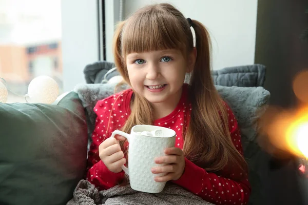 Cute Little Girl Drinking Hot Chocolate Home Christmas Eve — Stock Photo, Image