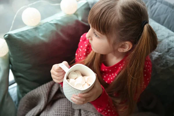 Cute Little Girl Drinking Hot Chocolate Window — Stock Photo, Image