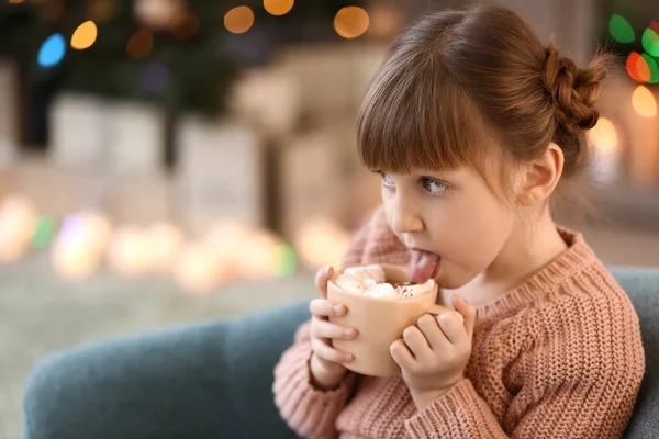 Cute Little Girl Drinking Hot Chocolate Home Christmas Eve — Stock Photo, Image