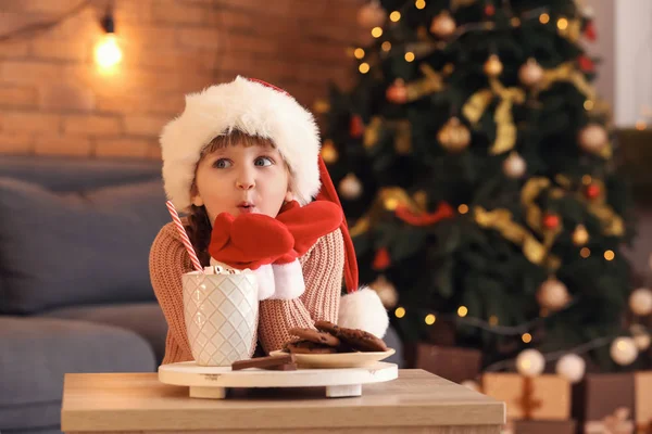 Cute Little Girl Santa Hat Hot Chocolate Cookies Home Christmas — Stock Photo, Image
