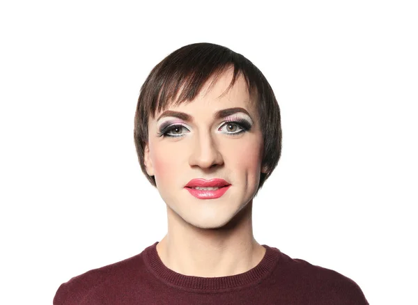 Retrato Homem Transexual Com Maquiagem Brilhante Sobre Fundo Branco — Fotografia de Stock