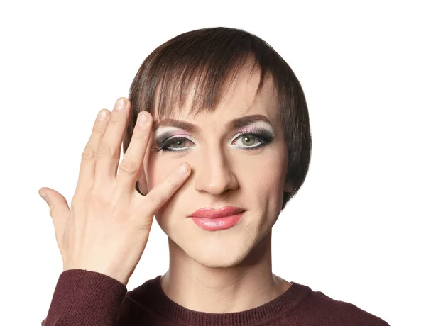 Portret Transseksualnych Człowieka Jasny Makijaż Białym Tle — Zdjęcie stockowe