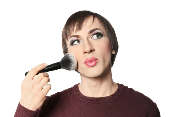 Portrait Transgender Man Applying Makeup His Face White Background — Stock Photo, Image