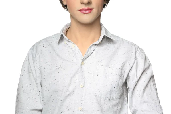 Young Transgender Man Pink Lipstick White Background — Stock Photo, Image