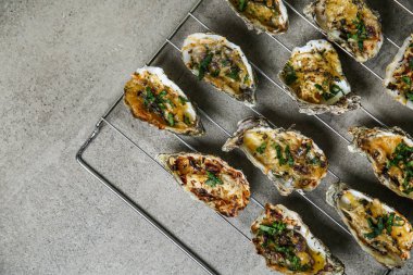 Gri zemin üzerine lezzetli pişmiş istiridye ile kabin soğutma