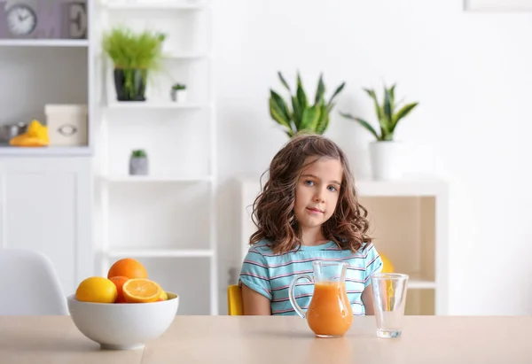 Portrait Cute Little Girl Sitting Table Room — Stock Photo, Image