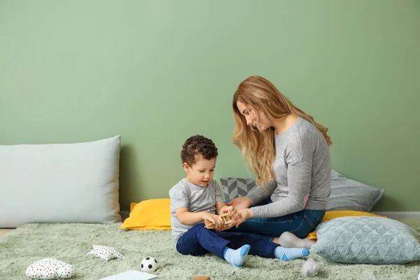 Young Mother Cute Little Son Playing Home — Stock Photo, Image