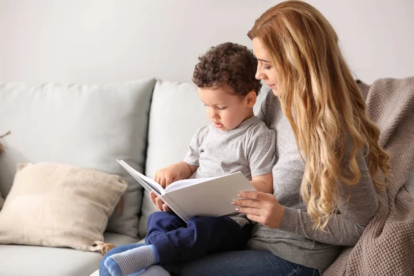 Young Mother Cute Little Son Reading Book Home — Φωτογραφία Αρχείου