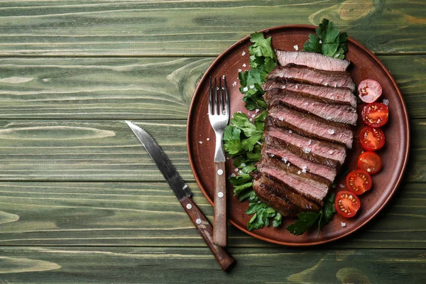 Plate Tasty Cut Cooked Meat Wooden Table — Stock Photo, Image