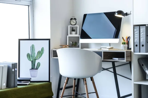 Stylish Workplace Modern Computer White Wall — Stock Photo, Image