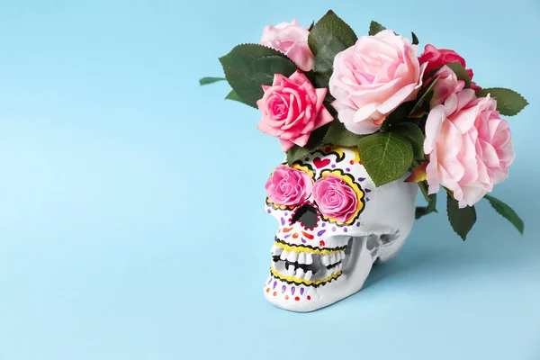 Menselijke Schedel Met Bloemen Voor Mexico Dag Van Doden Kleur — Stockfoto