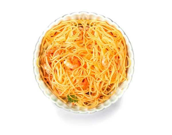 Bowl Tasty Pasta Shrimps White Background — Stock Photo, Image