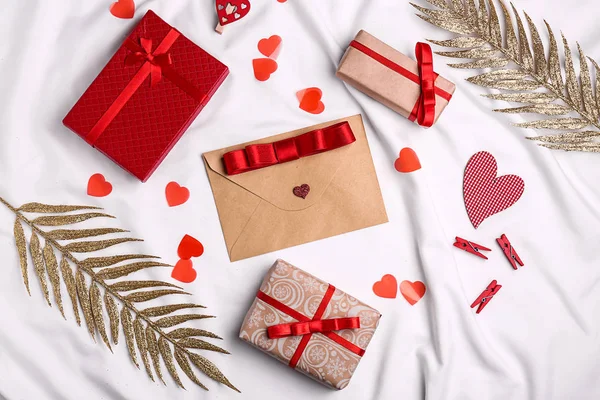 Composition Beautiful Gift Boxes Valentine Day White Background — Stock Photo, Image