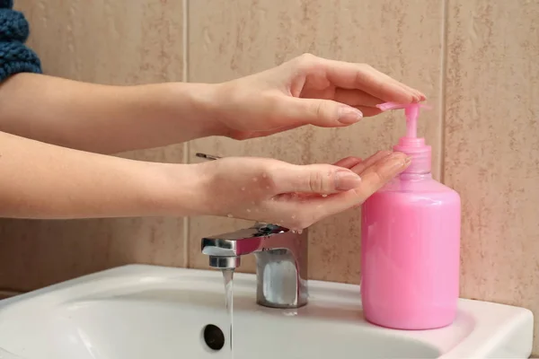 Woman Washing Hands Liquid Soap Bathroom — Stock Photo, Image