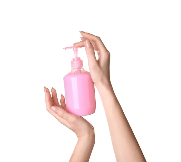 Kvinnliga Händerna Med Flytande Tvål Vit Bakgrund — Stockfoto