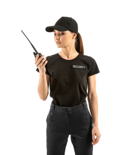 Female Security Guard Portable Radio Transmitter White Background — Stock Photo, Image