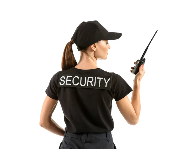 Θηλυκό Φρουρά Ασφαλείας Πομπό Φορητό Ραδιόφωνο Άσπρο Φόντο — Φωτογραφία Αρχείου