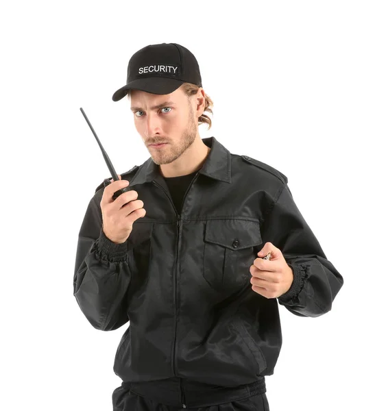 Male Security Guard Portable Radio Transmitter White Background — Stock Photo, Image