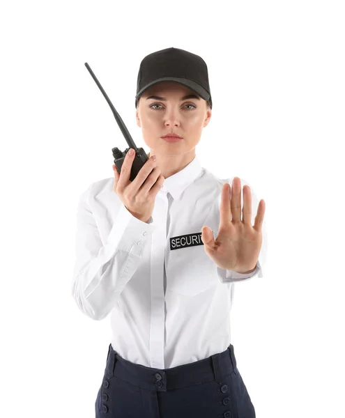 Θηλυκό Φρουρά Ασφαλείας Πομπό Φορητό Ραδιόφωνο Δείχνουν Στάση Χειρονομία Λευκό — Φωτογραφία Αρχείου