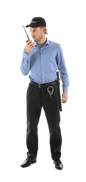 Guardia Seguridad Masculino Con Transmisor Radio Portátil Sobre Fondo Blanco — Foto de Stock