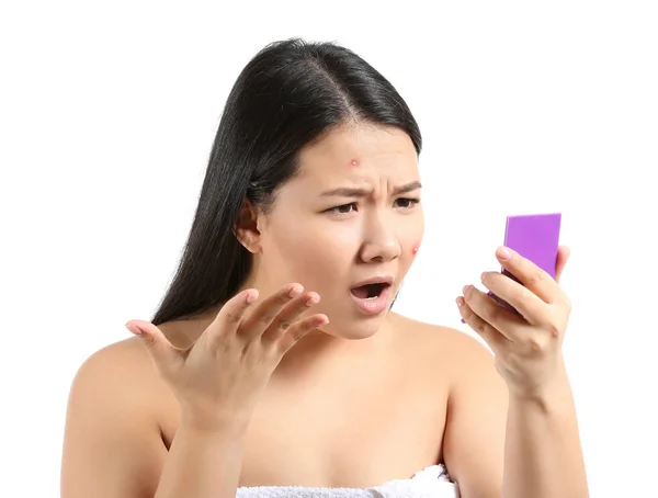 Portrait Shocked Asian Woman Acne Problem Looking Mirror White Background — Stock Photo, Image