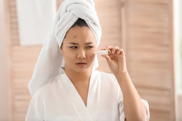 Portrait Young Asian Woman Remedy Acne Bathroom — Stock Photo, Image