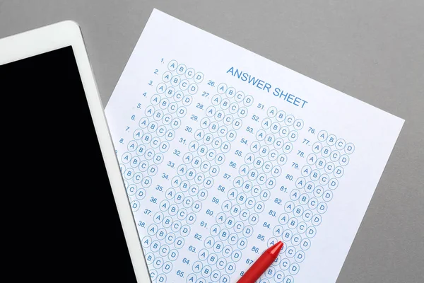 Tablet Computer Answer Sheet Form Grey Background Concept Preparation Exam — Stock fotografie