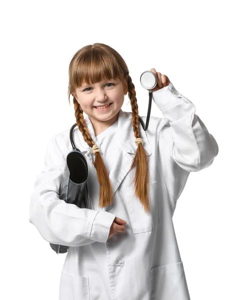 Πορτρέτο Του Χαριτωμένο Μικρό Γιατρού Λευκό Φόντο — Φωτογραφία Αρχείου