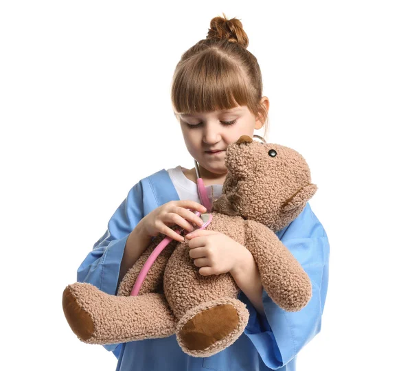 Portret Van Schattige Kleine Arts Met Stethoscoop Teddy Bear Witte — Stockfoto