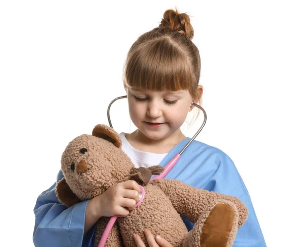 Portrait Cute Little Doctor Stethoscope Teddy Bear White Background — Stock Photo, Image