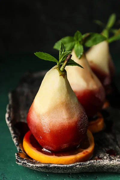 Delicious Poached Pears Red Wine Orange Slices Plate — Stock Photo, Image