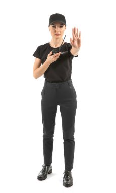 Female security guard showing Stop gesture on white background clipart