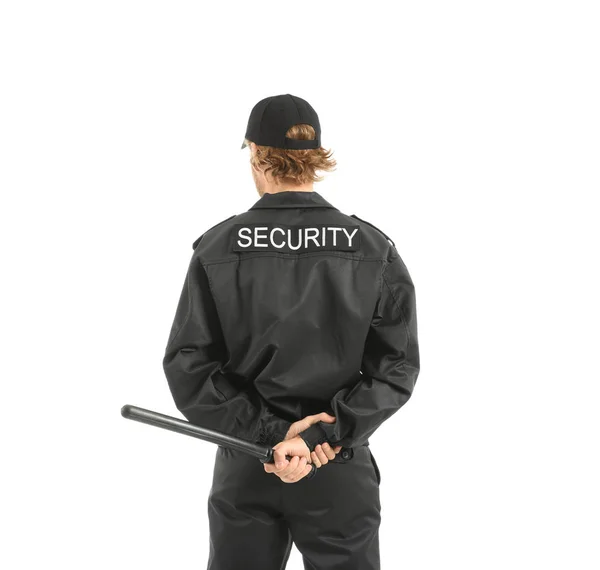 Gardien Sécurité Masculin Avec Matraque Sur Fond Blanc — Photo