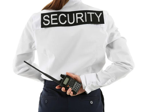 Female Security Guard Portable Radio Transmitter White Background — Stock Photo, Image