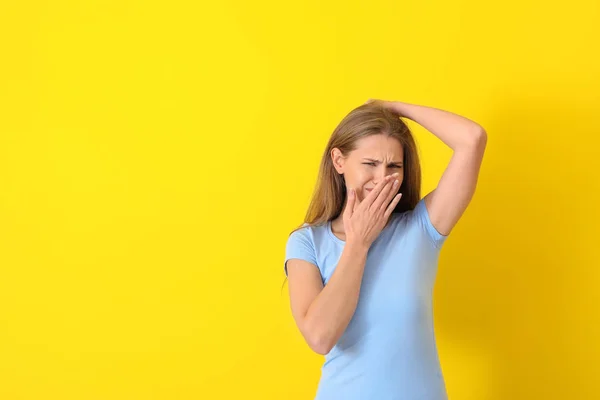 Beautiful Young Woman Feeling Smell Sweat Color Background Concept Using — Stock Photo, Image