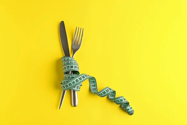 Cutlery Measuring Tape Color Background Diet Concept — Stock Photo, Image