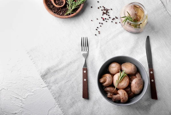 Bowl Tasty Fermented Mushrooms Spices Light Table — Stock Photo, Image