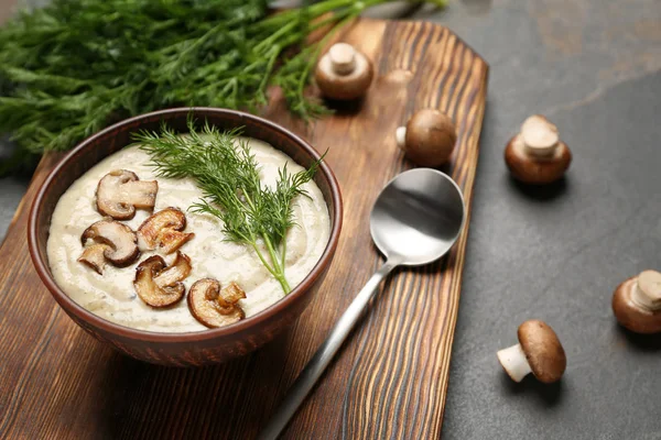 Bowl Tasty Hot Soup Wooden Board — Stock Photo, Image