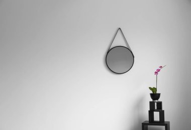 İç ayna, raf ünitesi ve dekoratif çiçek ile odası