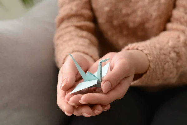 Young Woman Holding Origami Bird Closeup — Stock Photo, Image