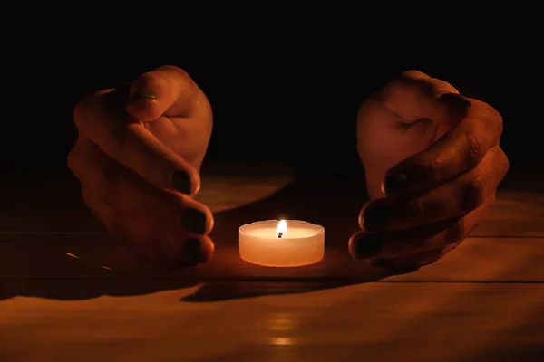 Female Hands Burning Candle Table Darkness Closeup — Stock Photo, Image