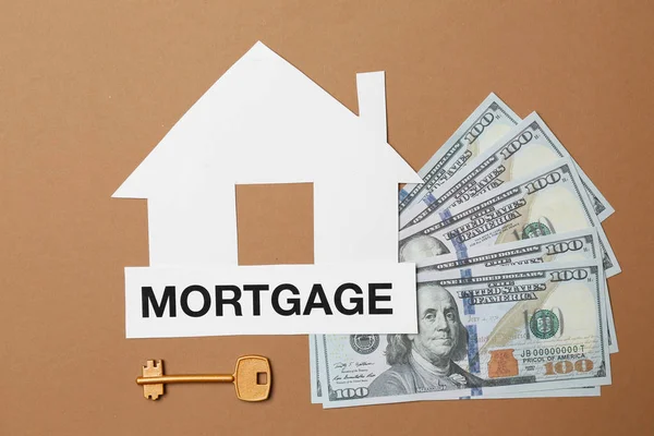 Figura Casa Dinero Clave Palabra Mortgage Sobre Fondo Color — Foto de Stock