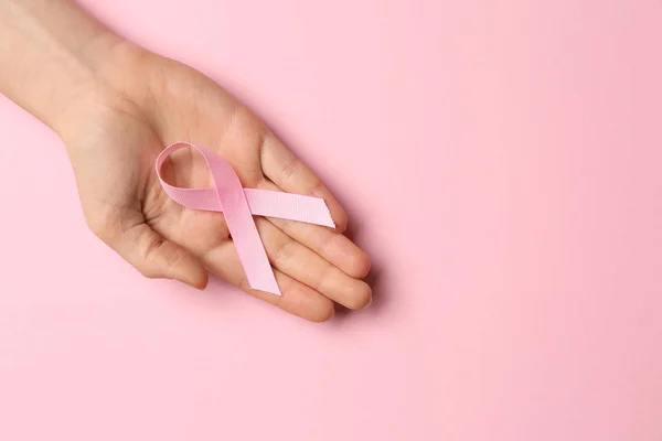 Female Hand Pink Ribbon Color Background Breast Cancer Awareness Concept — Stock Photo, Image