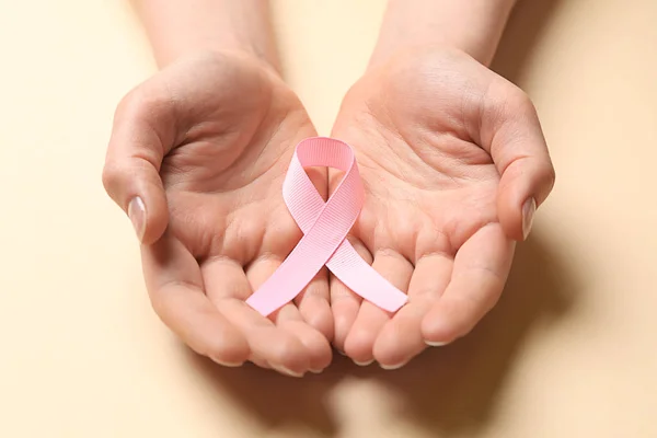 Female Hands Pink Ribbon Light Background Breast Cancer Awareness Concept — Stock Photo, Image