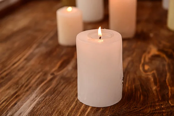 Burning Wax Candle Wooden Table — Stock Photo, Image
