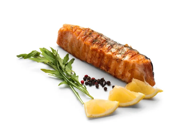 Piece Tasty Grilled Salmon Lemon Spices White Background — Stock Photo, Image